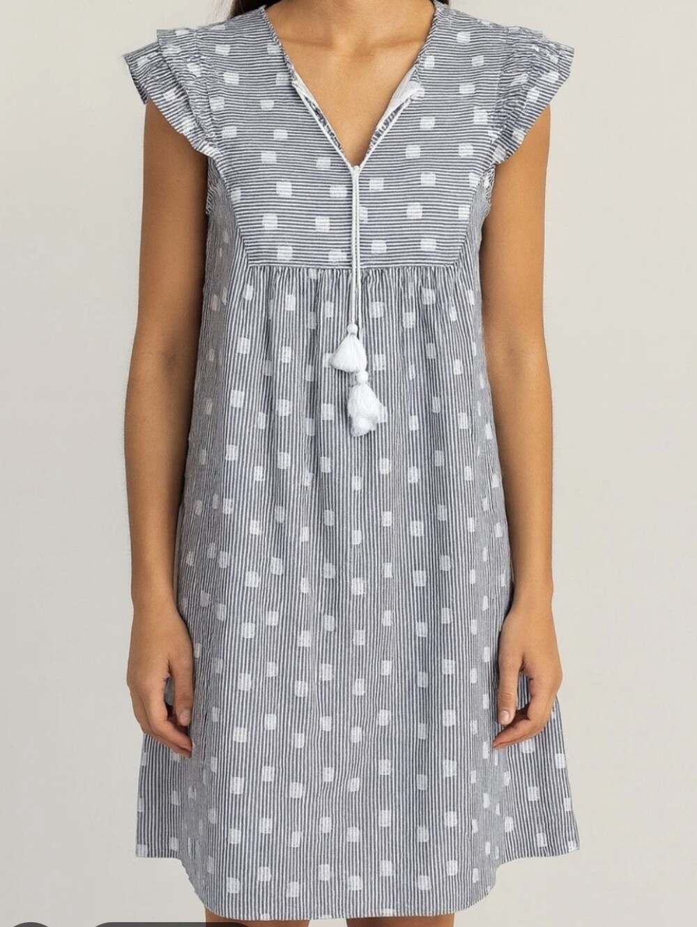 LOFT Navy and White Striped Polka Dot Shift Boho Dress Size L New